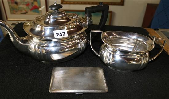 Silver cigarette case and plated teapot and sugar bowl
